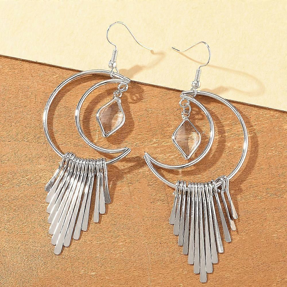 1pair Moon Alloy Rhinestone Dangle Earrings Silver 88mm