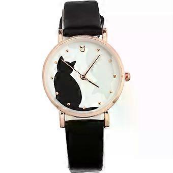 Analoge quartz polshorloge met een cartoonkat-patroon en een band van kunstleer, voorzien van een trillingsbestendige constructie.
