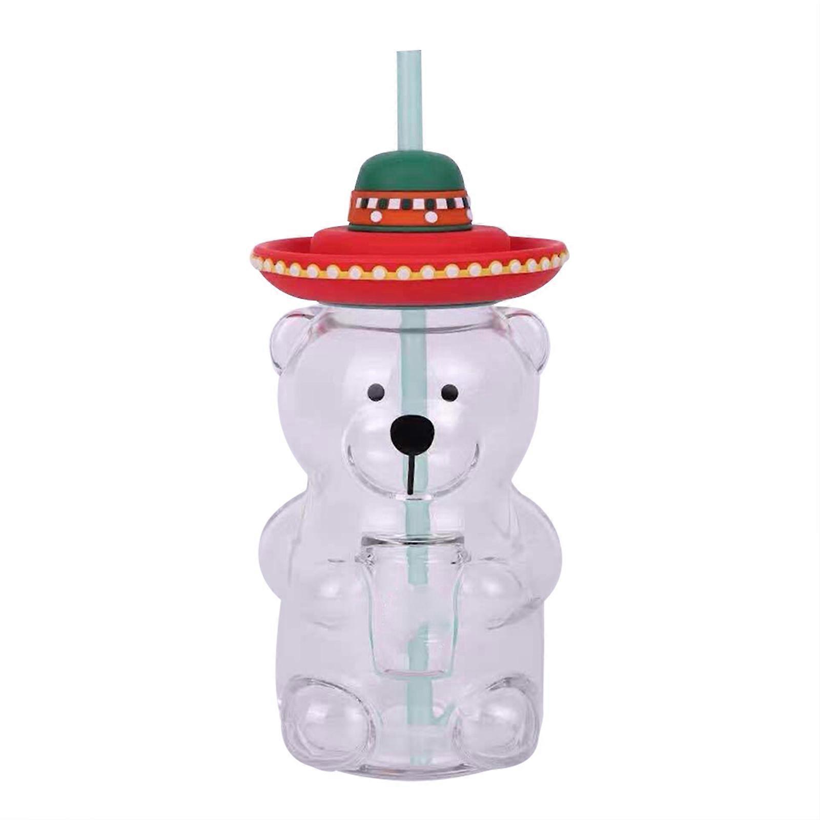 500ml Bear Glass Cup With Straw