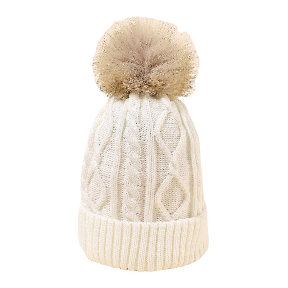 Universal Autumn And Winter Big Fur Ball Woolen Cap Diamond Twisted Solid Color Single Layer Flanging Warm Knitted Hat Female