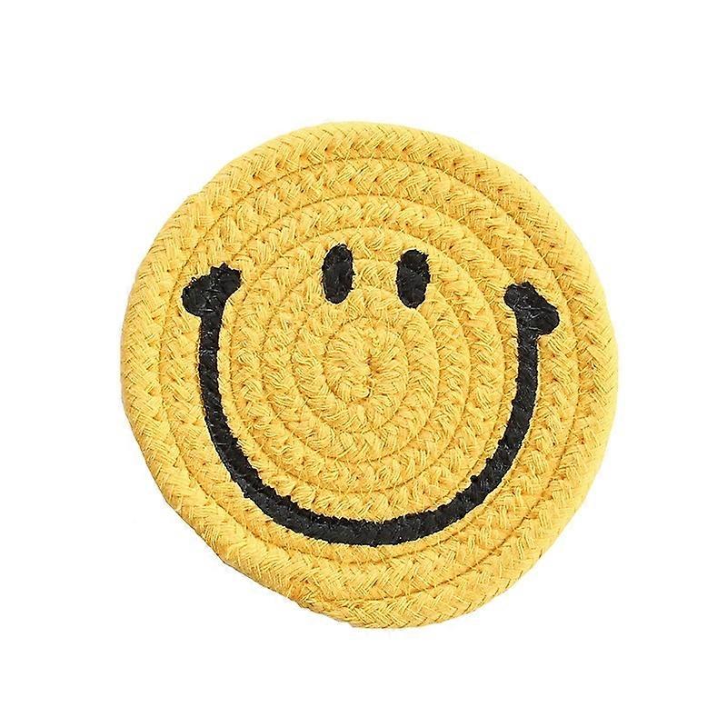 Fun Beverage Coasters with Stand, 6-Pack Yellow Smiley Coffee Table Hand Woven Beverage Coasters, Wo