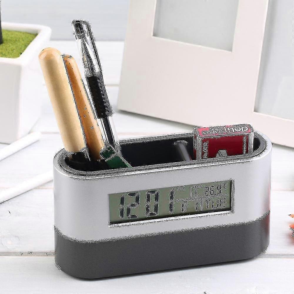 Multifunctional Home Office Digital Snooze Alarm Clock Pen Holder Calendar Temperature Display Black