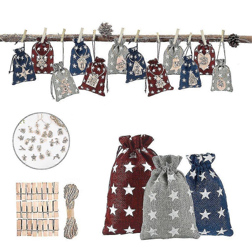 24 مجموعات عيد الميلاد مجيء حقيبة التقويم مع أرقام خشبية تسمية العلامات مقاطع الحبال شنقا العد التنازلي حلوى هدية الحقيبة