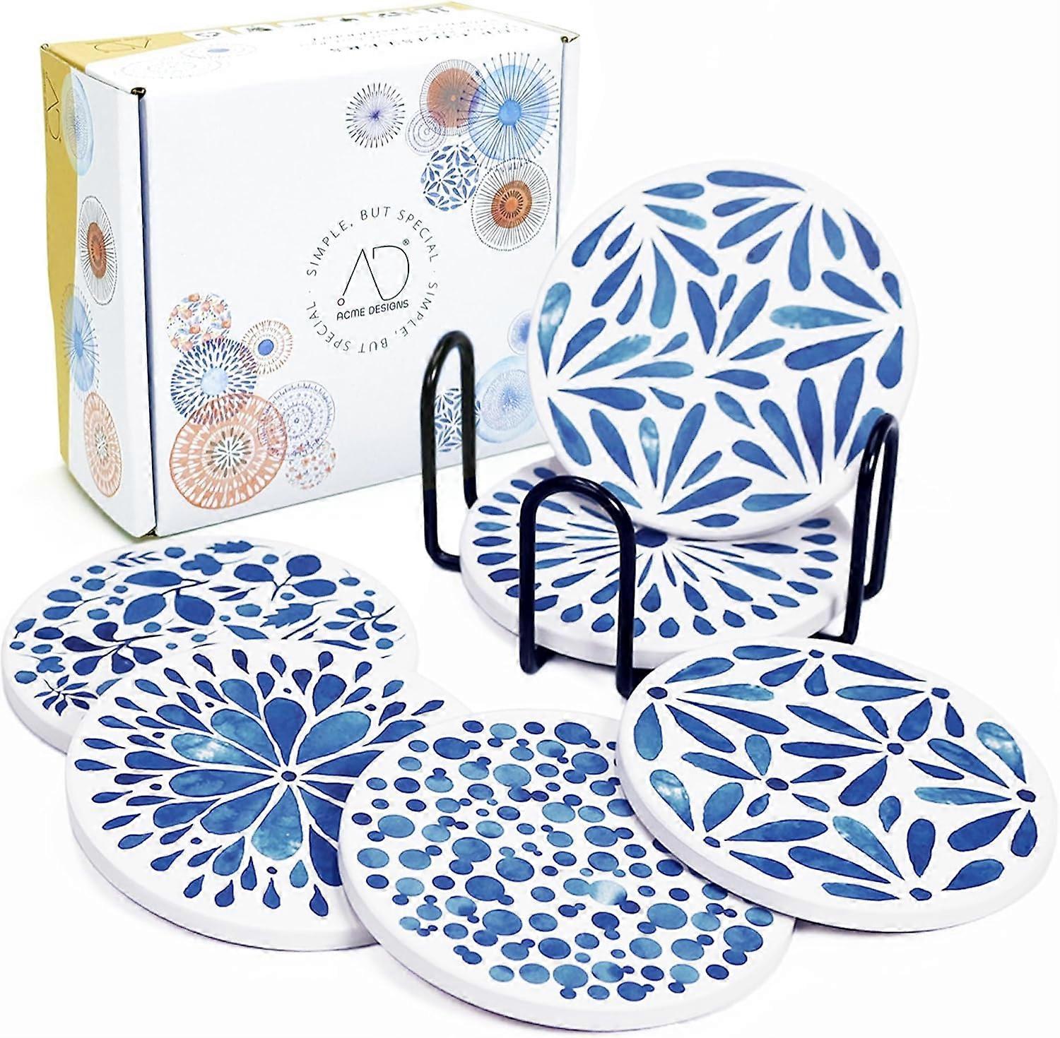 Set of 6 Coasters for Drinks Absorbing Round Ceramic Stone Coaster with Cork Base,Tabletop Protection Mat for Mugs and Cups,Office,Kitchen (Indigo Blu