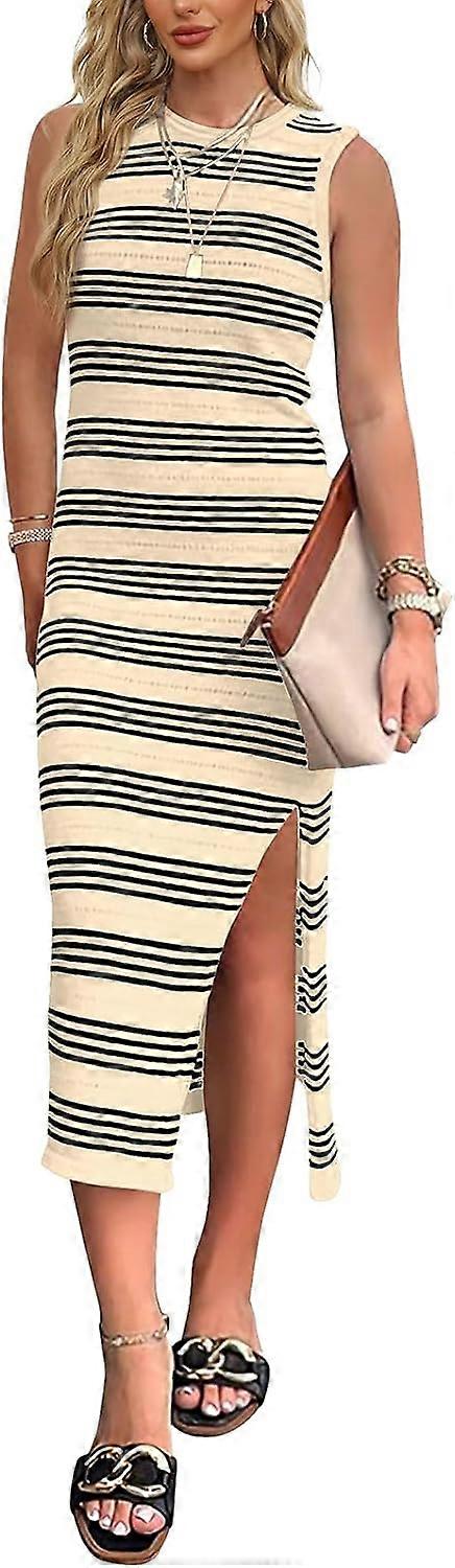 Womens Bodycon Summer Casual Midi Sundress Sleeveless Cute Hollow Out Knit Side Slit Striped Long Tank Dress