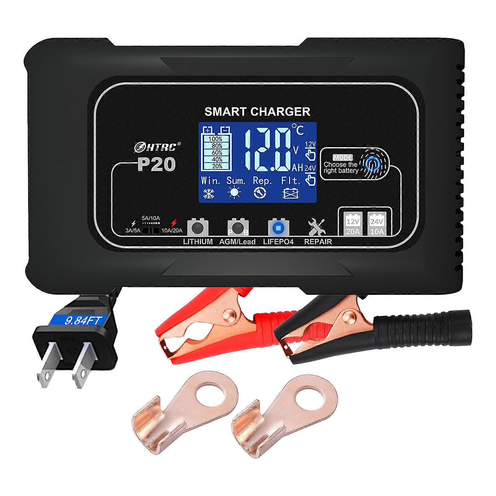 12V 20A 24V 10A 7 Stage Car Battery Charger Lcd Digital Display Smart Charging Multiple Protection for Lithium Lead-acid Lifepo4
