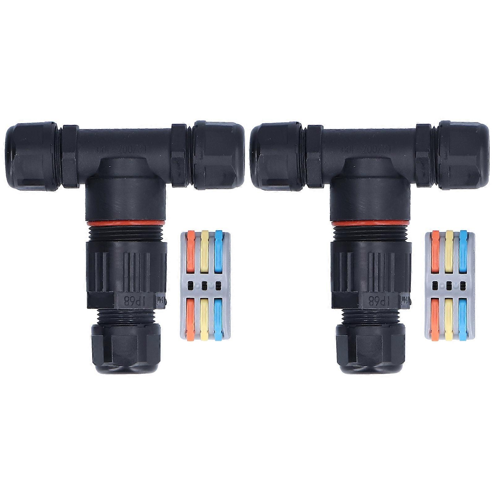 2 st 3-vägs kopplingsdosa vattentät T-formad sladdkontakt för utomhusstrålkastare 3 in 3 ut