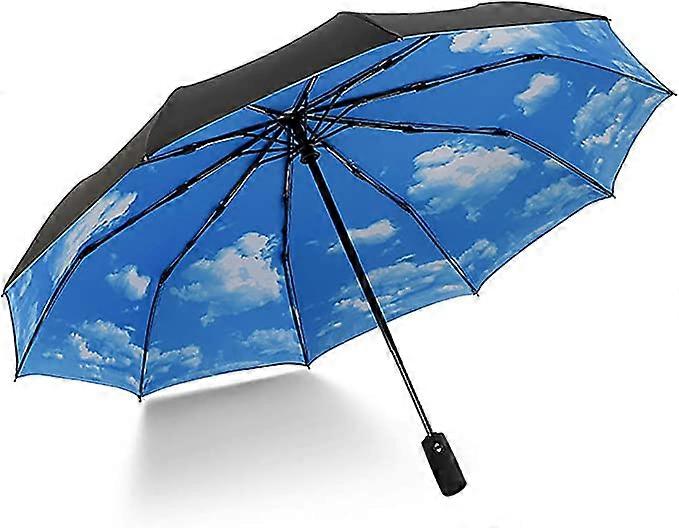 Compact umbrella (blue sky), windproof foldable travel umbrella - automatic umbrella, windproof double layer umbrella, creative sunny umbrella