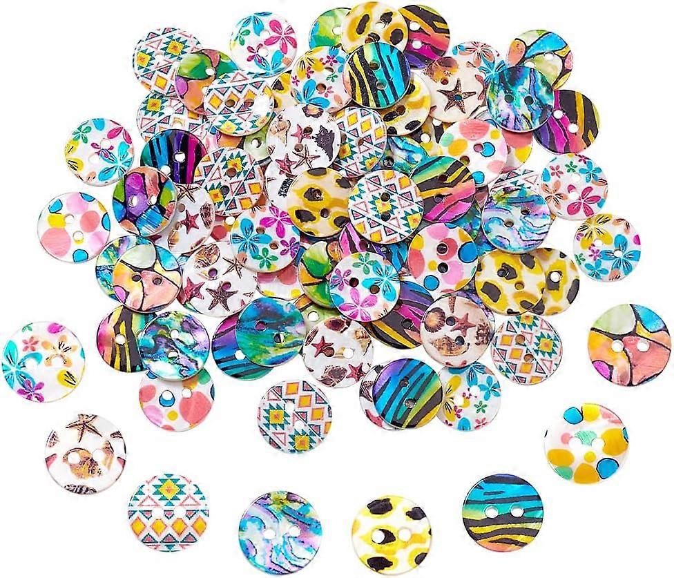 8 Colors 2-Hole Freshwater Shell Buttons Flat Round Mixed Color 14x2mm Hole: 2mm 10pcs/color