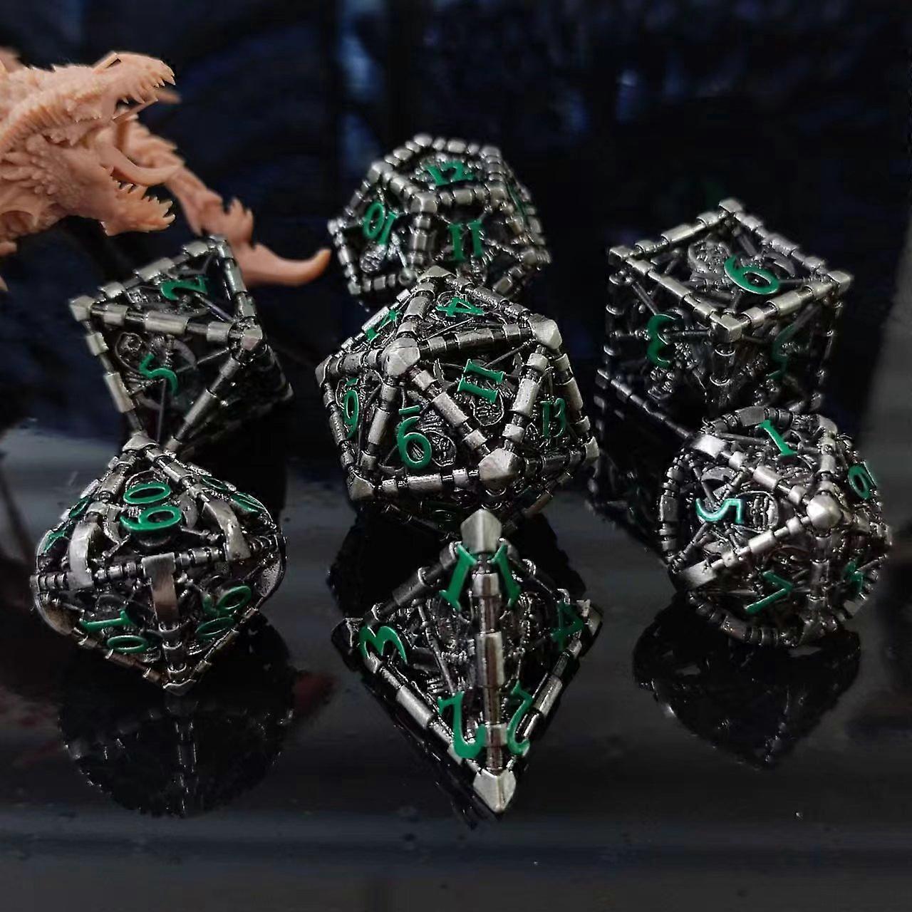 7 Dungeons and Dragons Dice (Silver with Green Letters), HNCCESG Polyhedral Dice Set 3D Metal Hollow Octopus Role Playing Dice D4/D6/D8/D10 (0-9 and 0