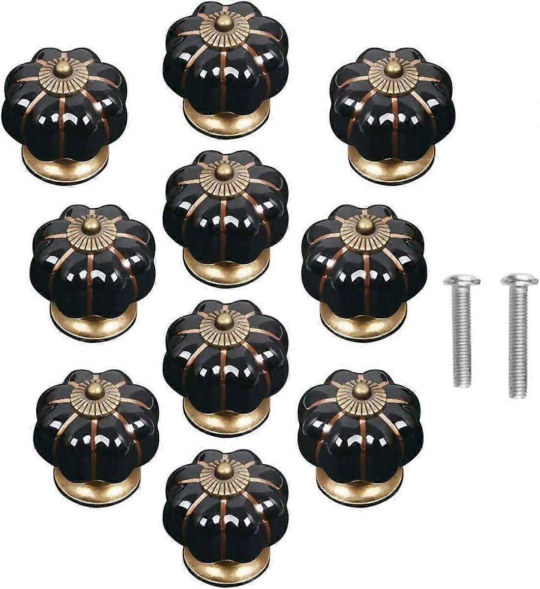 10 Pack Vintage Ceramic Pumpkin Door Knobs for Cupboard Drawer Cabinet Home Decor - Black