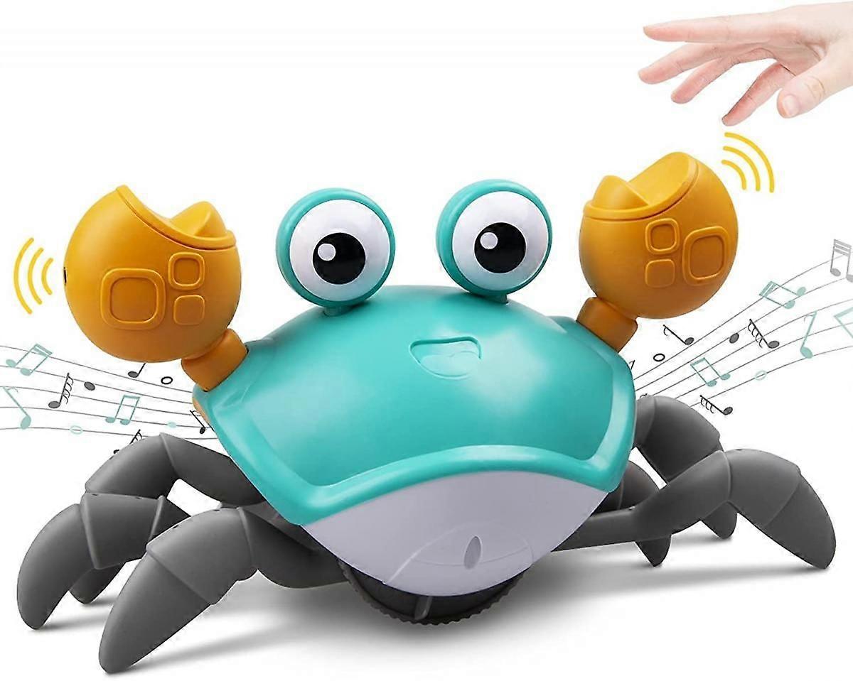Green Crawling Crab Baby Toy with Music and LED Light for Kids, Interactive Toddler Learning Developmental Toy with Automatically Avoids Obstacles, Bu