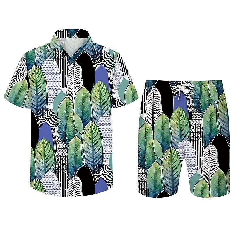 Cloudstyle Men's 2 Piece Casual Green Leaf Printed Shirt Set