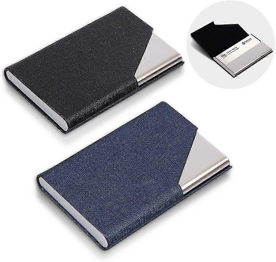 2 Packs PU Leather+Stainless Steel Business Card Case for Traveling and Business-Black and Blue