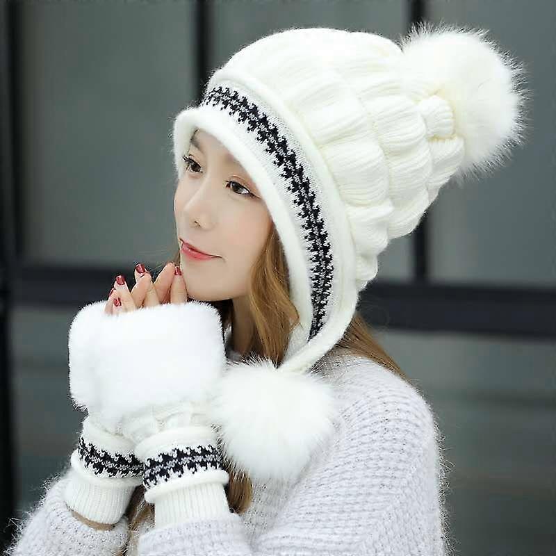 Knitted thermal beanie and gloves  White