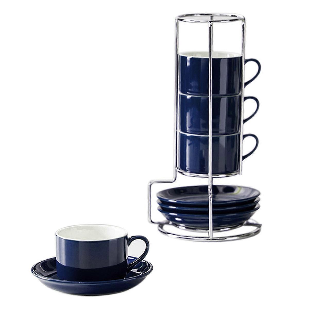 Porcelain Stackable Cappuccino Cups with Saucers and Metal Stand, Espresso Cups for Latte Coffee Ca