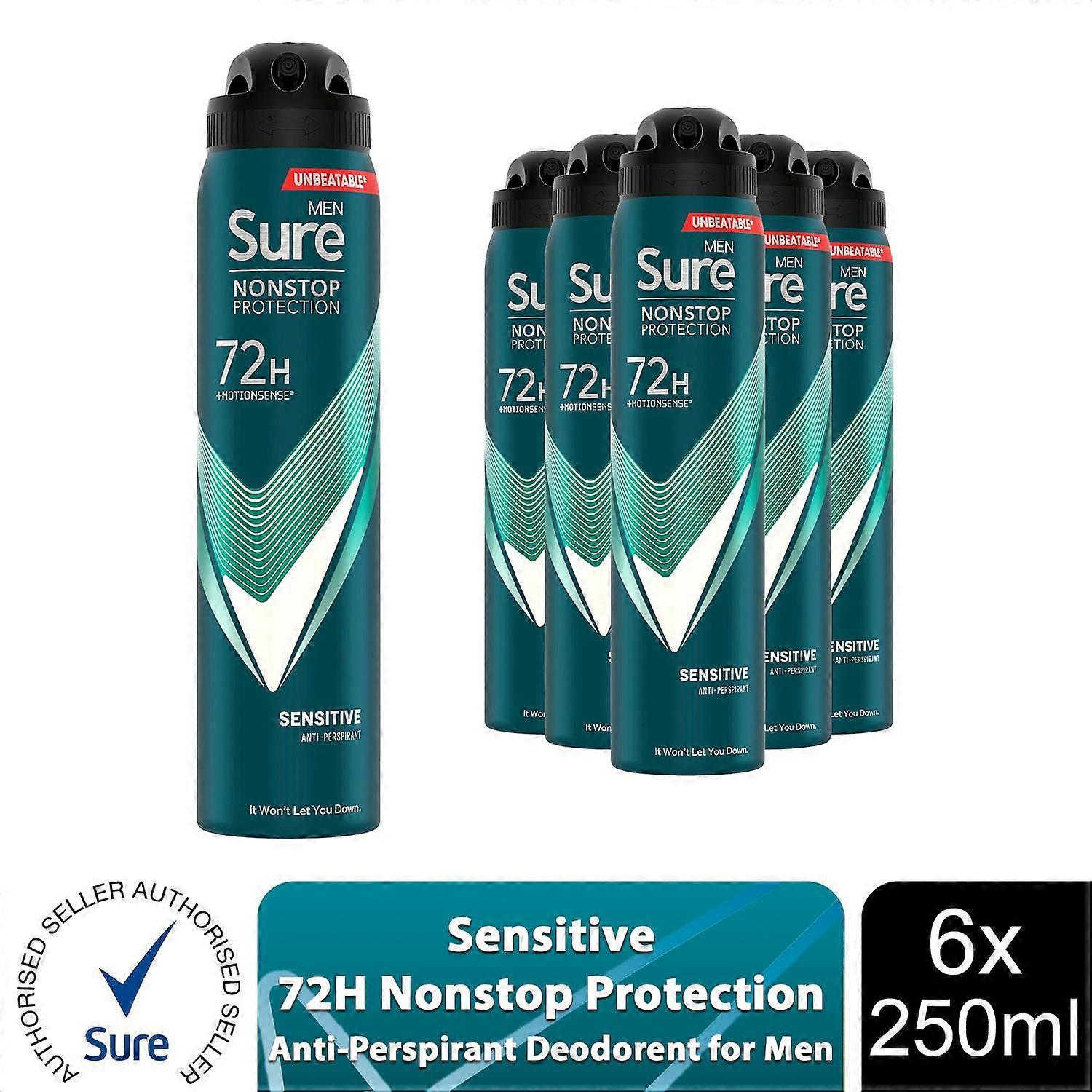 Sure Men's Men Anti-Perspirant 72H Nonstop Protection Sensitive Deodorant, 6X250ml Regular
