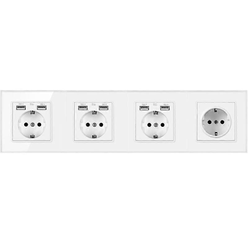 EU Wall 4-Way Power Outlets With 6 USB 2.1A, 4 in 1 German Sockets Set 16A Tempered Glass Frame Panel Quadruple Sockets