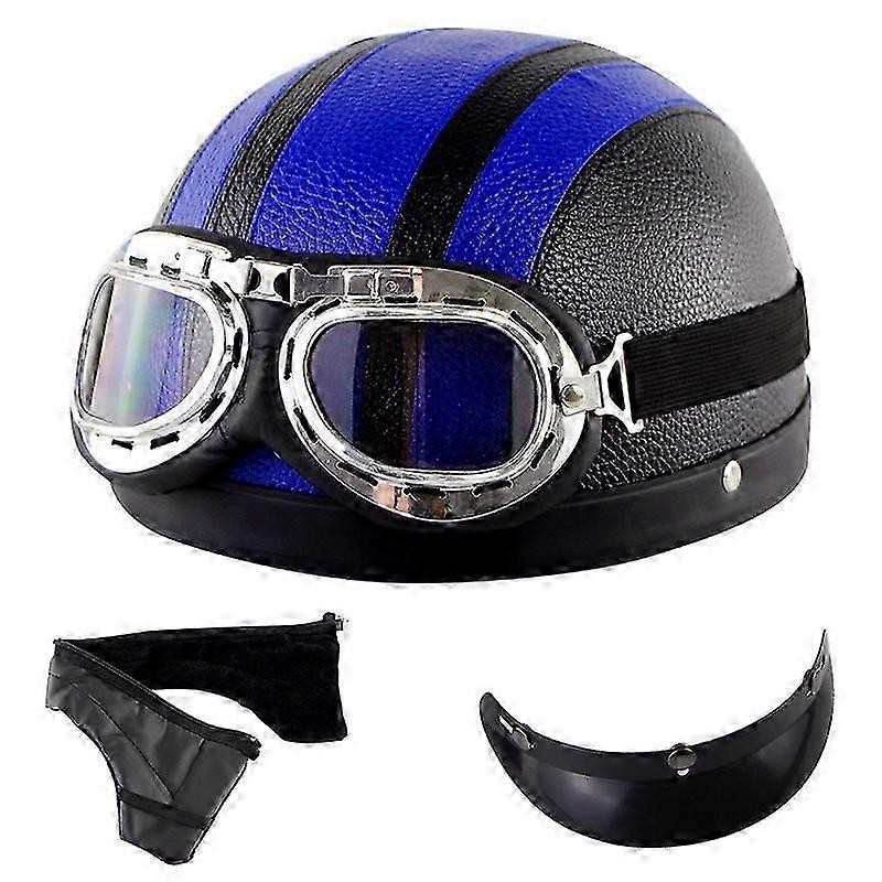 Motorcycle Scooter Open Half-face Leather Helmet With Anti-uv Goggles Retro Vintage Style 54-60cm