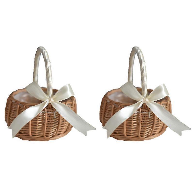 2Pcs Woven Flower Basket Rattan Storage Basket with Bow,Small