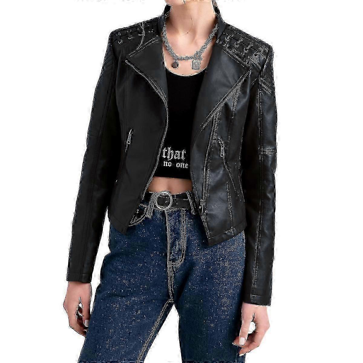 Womens Slim Fit Lapel Collar Motorcycle Cropped Leather Jacket
