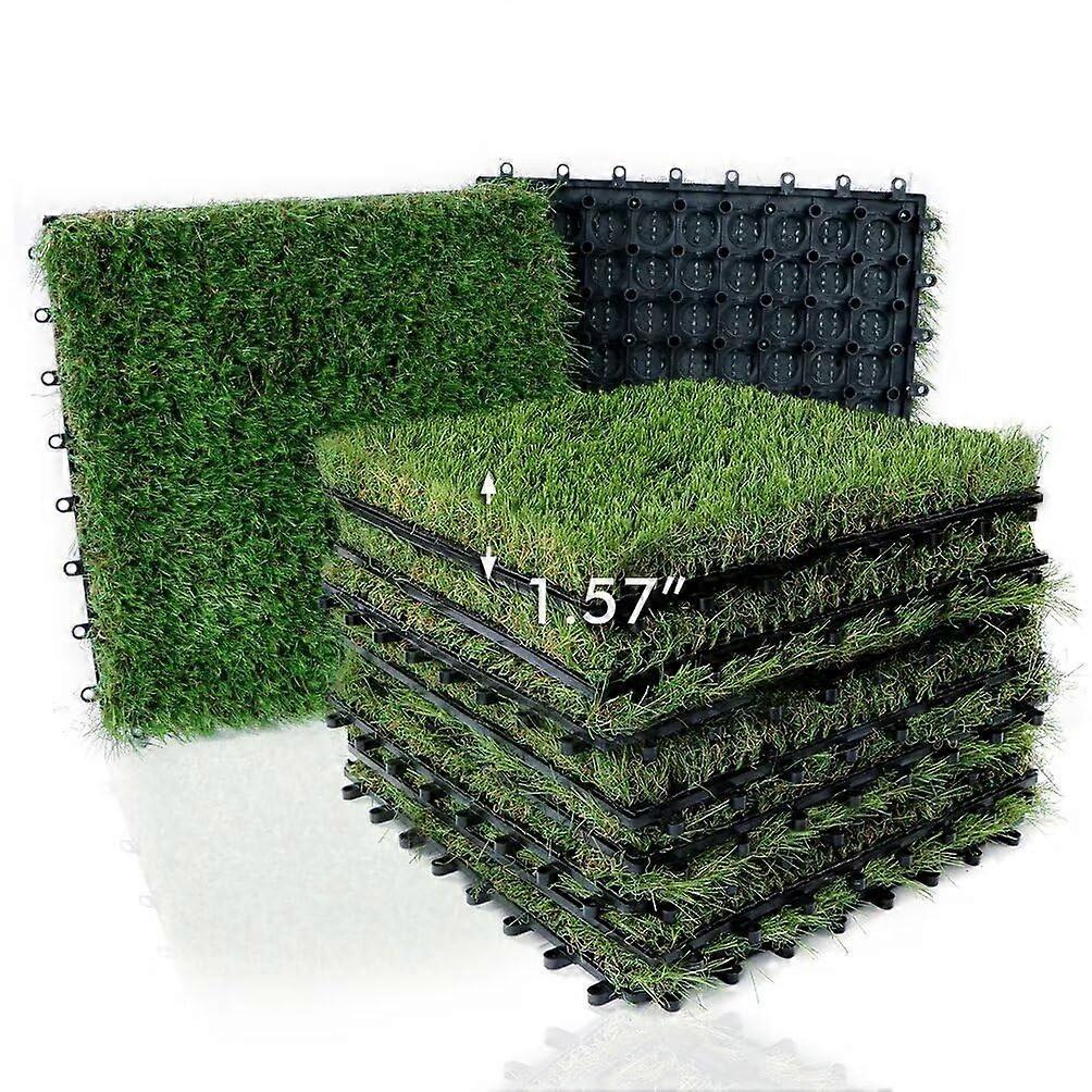 Outdoor Artificial Grass Tiles Interlocking Turf Squares 9 Pack, 12'x12' Fake Grass Mat for Balcony Patio