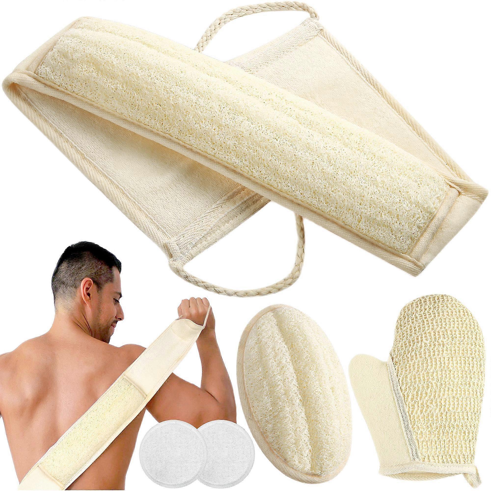 Natural Loofah Sponge Exfoliating Body Scrubber Set (5 Pack) with Pads, Glove for Deep Cleansing and Skin Renewal