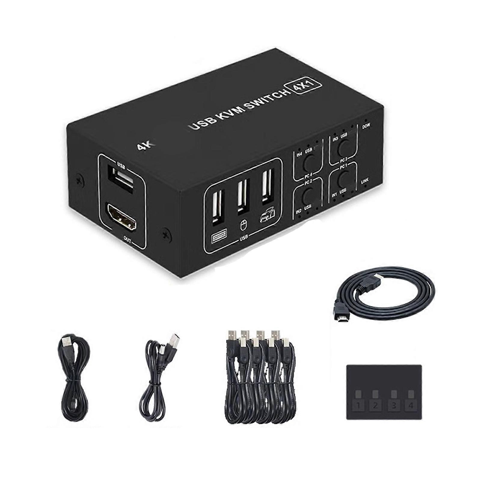 4K KVM Switcher 4 Port Box USB KVM Switches für 4 Computer Gemeinsame Tastatur, Maus, Druckermonitor, 4K 60Hz mit USB-Anschluss