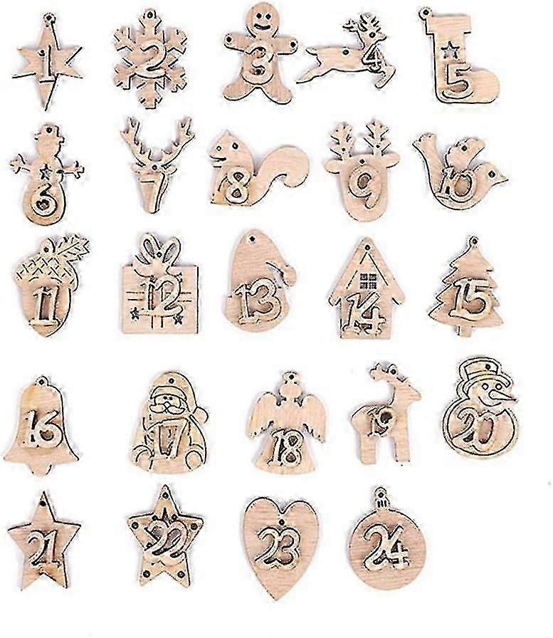 Christmas Calendar Pendant Advent Calendar Numbers Wooden Number 1-24 Labels Digital Countdown Christmas Craft Bag Charm (wood Colour24pcs) yu
