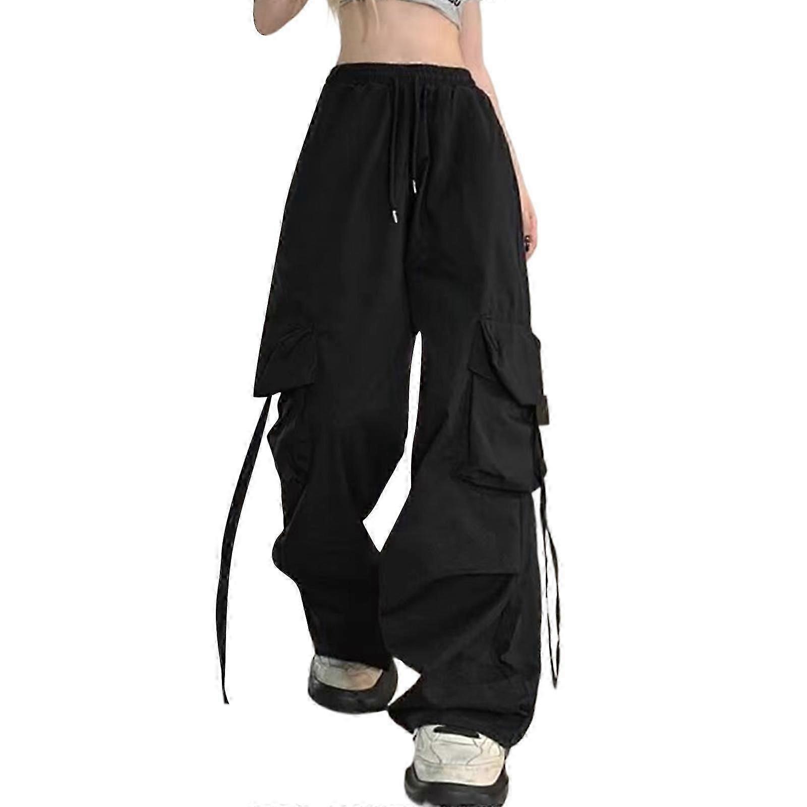 Kadın İpli Bel Geniş Bacak Paraşüt Pantolon Erkek Arkadaş Tarzı Kargo Pantolon Eşofman Altı Flap Cepler ve Askılar Sarı XXXL
