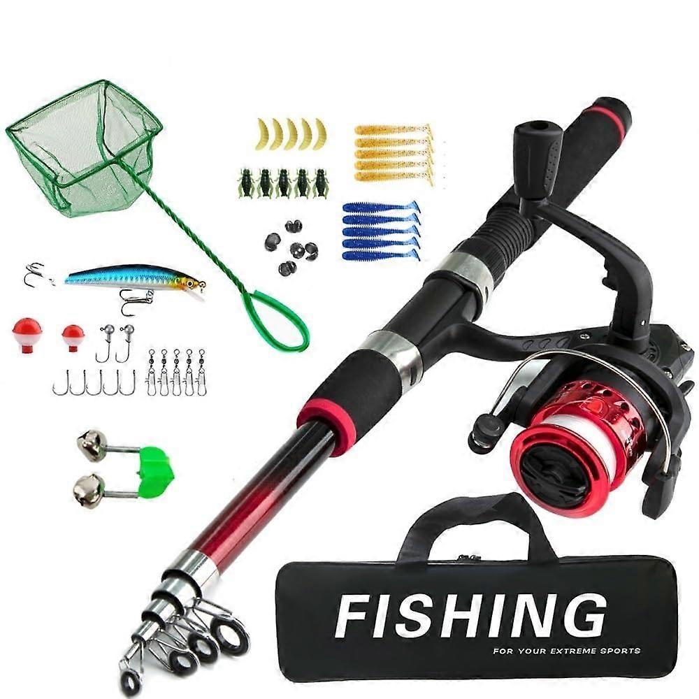 Angelrute 1.8 m Kombi Casting und Sea Pole mit Weichem Köder und Netz für Salzwasser und Süßwasserfischerei Rot