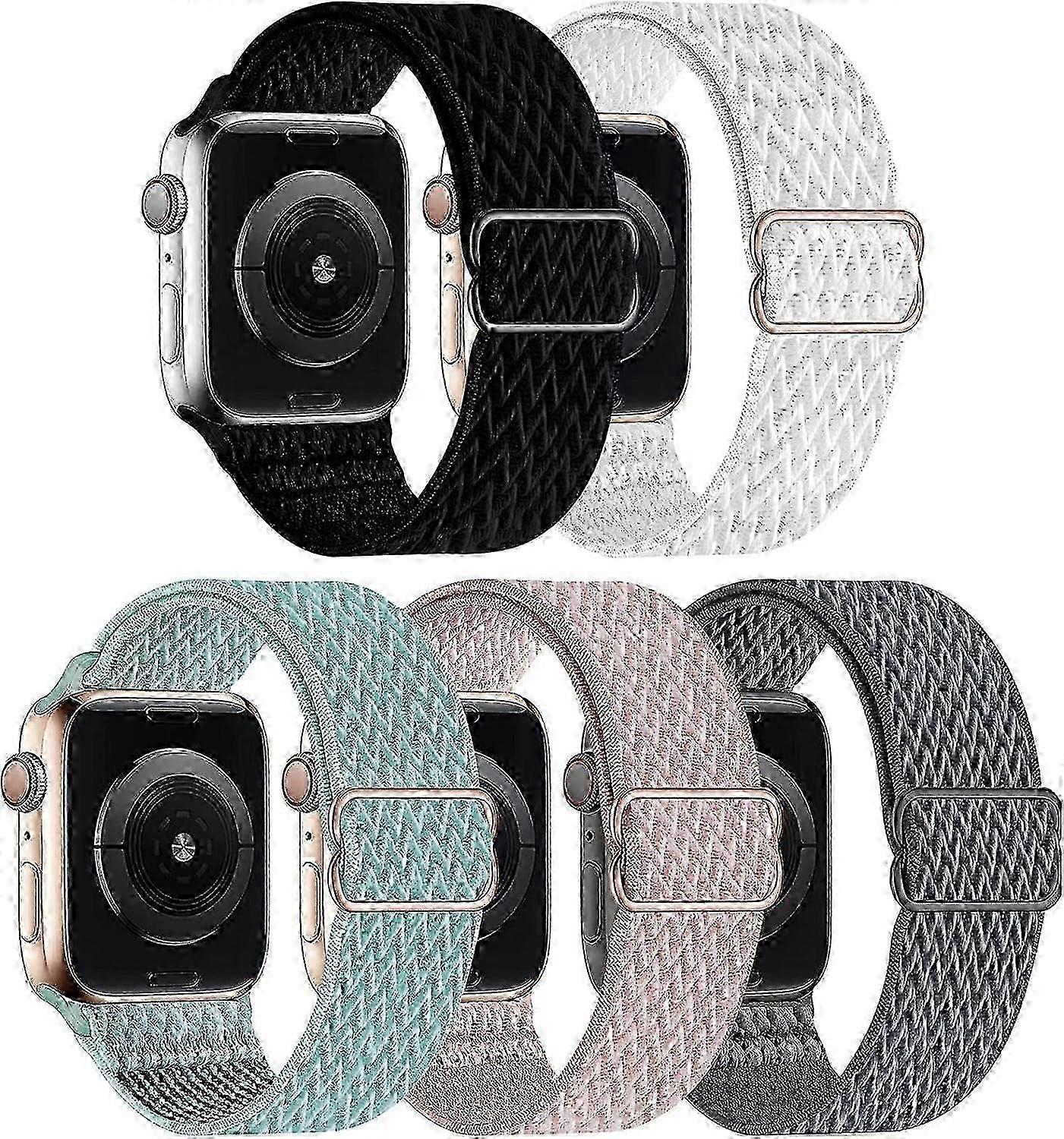 5 πακέτα νάιλον stretch band για Apple Watch, μαλακό ρυθμιζόμενο βρόχο για τη σειρά 7/6/5/4/3/2/1 / SE, μαύρο / λευκό / θαλάσσιο πράσινο
