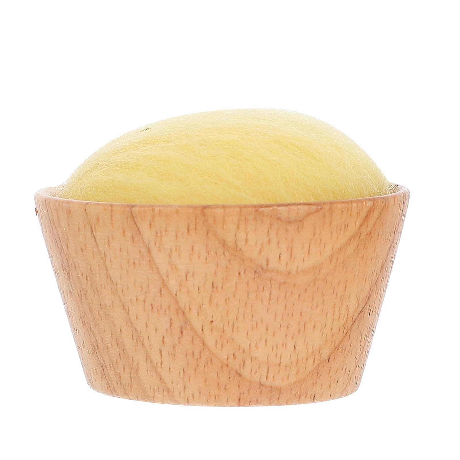 Portable Yellow Wool Ball Pincushion with Wooden Base for Safe Needle Storage and Sewing Use 1Pc