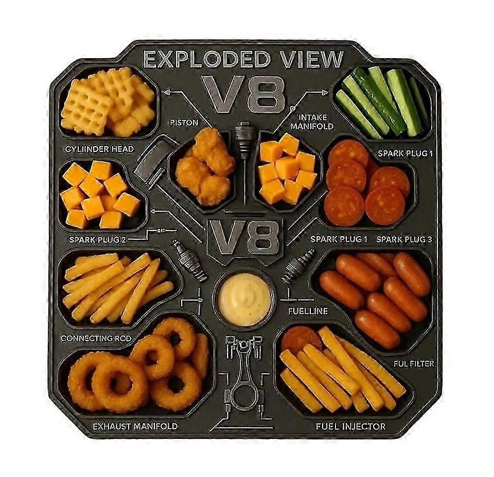 V8 Engine Food Platter, Multi-Compartment Design Cool V8 Engine Modeling Snack Serving Tray, Reusable Fries Hot Dogs Cheese Sauces Storage Container f