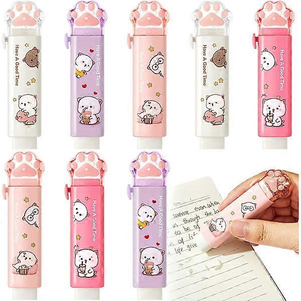8-piece cat paw erasers, push-pull retractable design