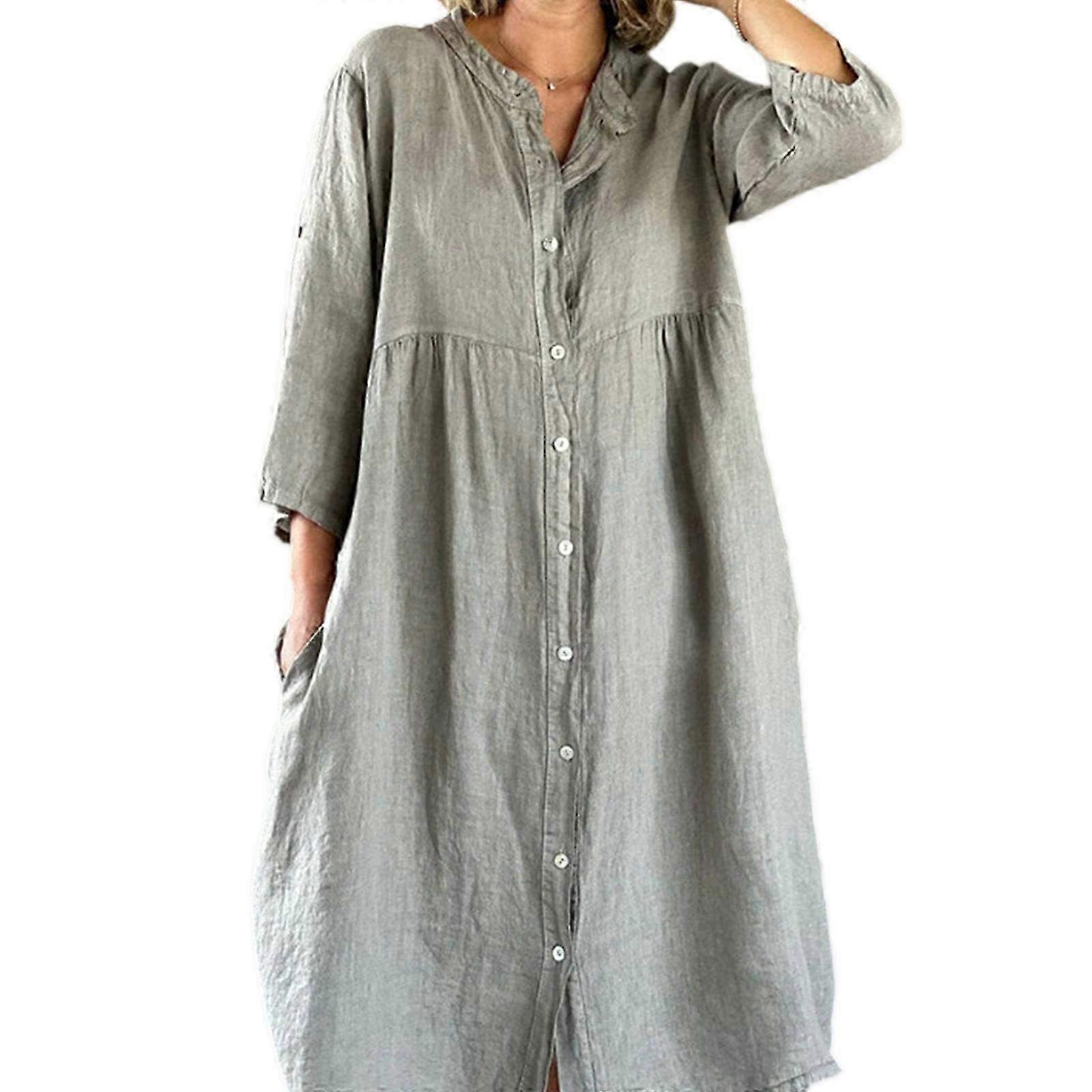 Casual Button-Up Klänning för kvinnor i Solid Bomull Linneblandning för Vardagsbruk - Klassisk modern stil i grå Storlek M