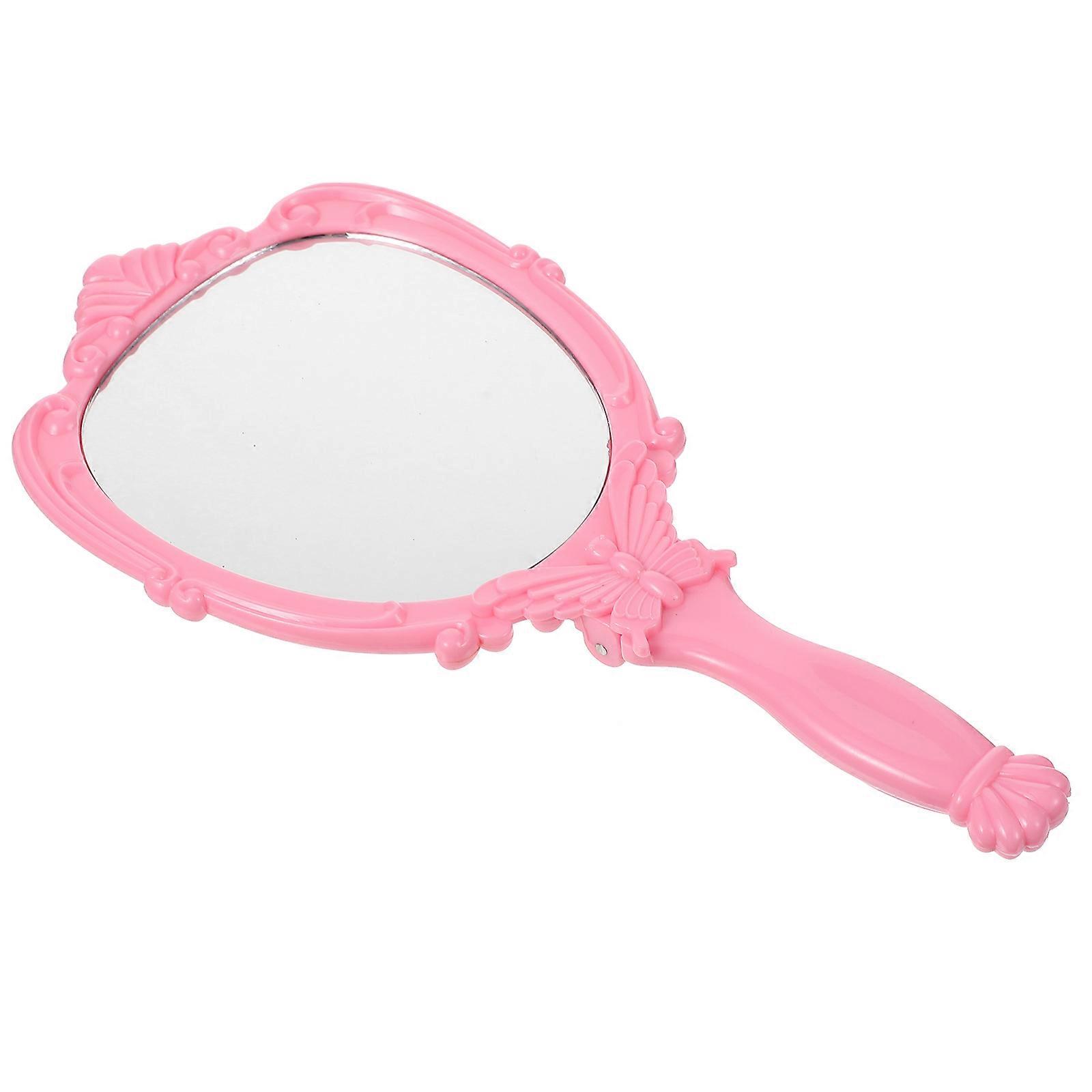 Handheld Retro Makeup Mirror For Women Travel Use Pink Folding 1Set