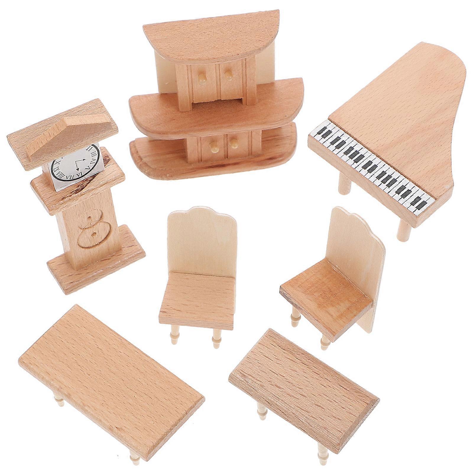 Compact Miniature Wooden Dollhouse Furniture Set with Smooth Surface Including Table, Chair, Clock, Piano, and Cabinet for Creative Play and