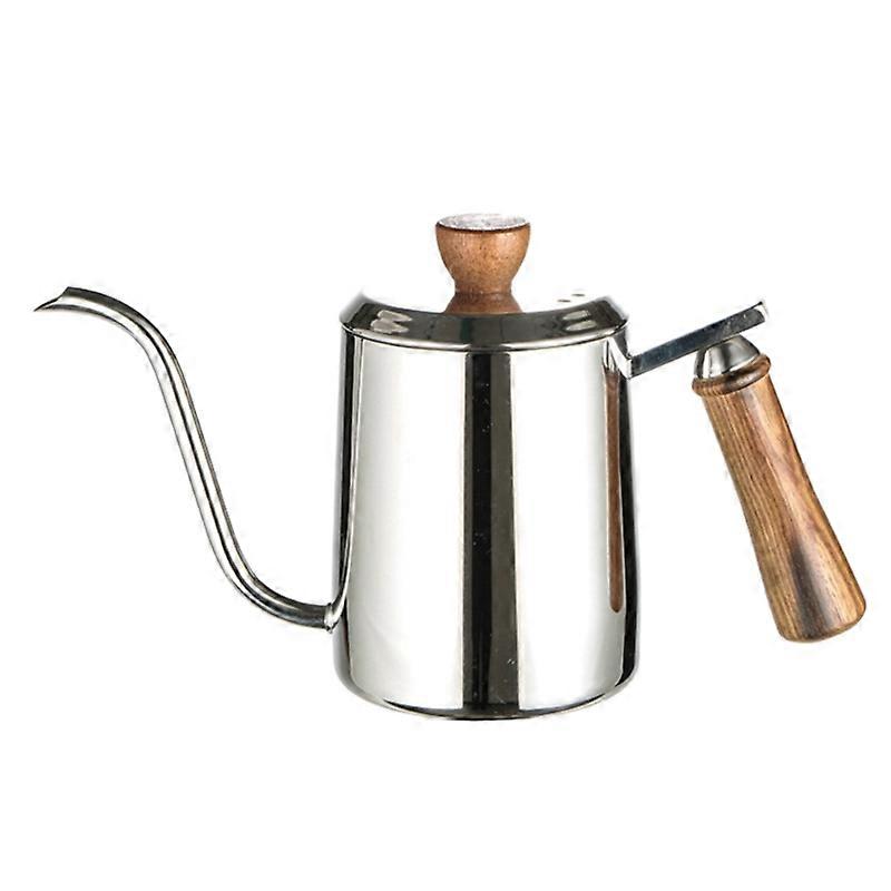 300/600ml Stainless Steel Silver Coffee Maker Long Narrow Spout Gooseneck Pour Thin Mouth Retro Tea Pot with Wooden Scale