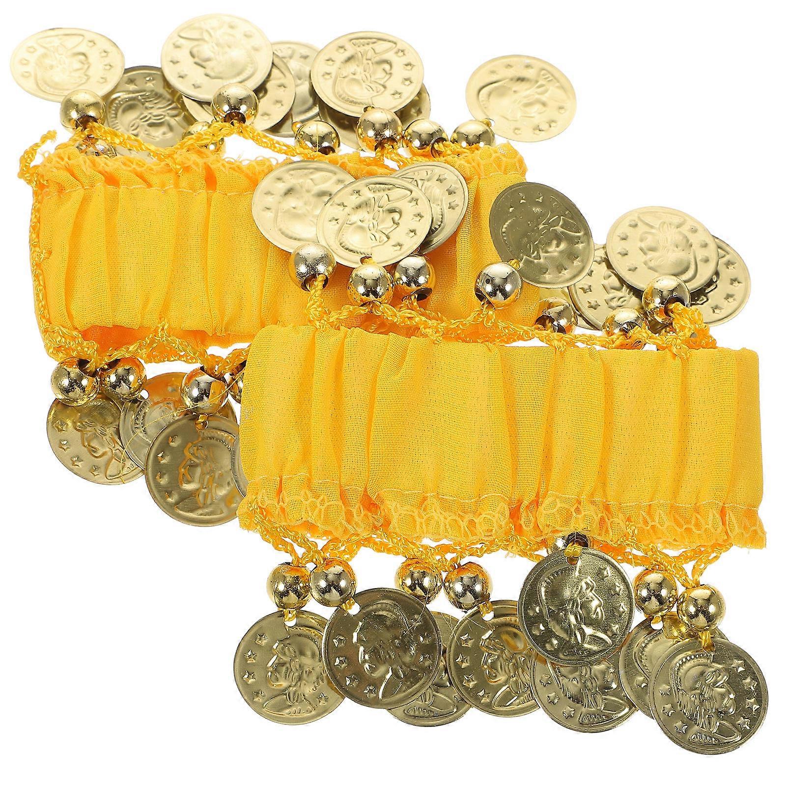 Pair of Belly Dance Wrist Cuff Ankle Chiffon Bracelet Band with Coin (Yellow)