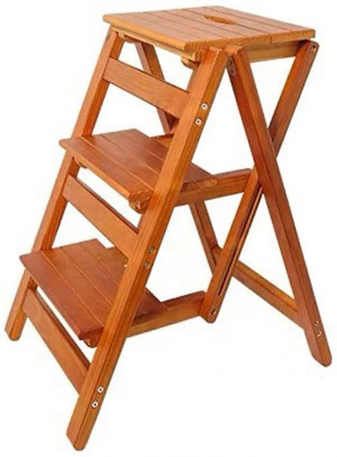 Hardwood Step Stool, 3-Step Folding Ladder Chair For Adults Space-Saving Multipurpose Library Or Plant Stand Wood