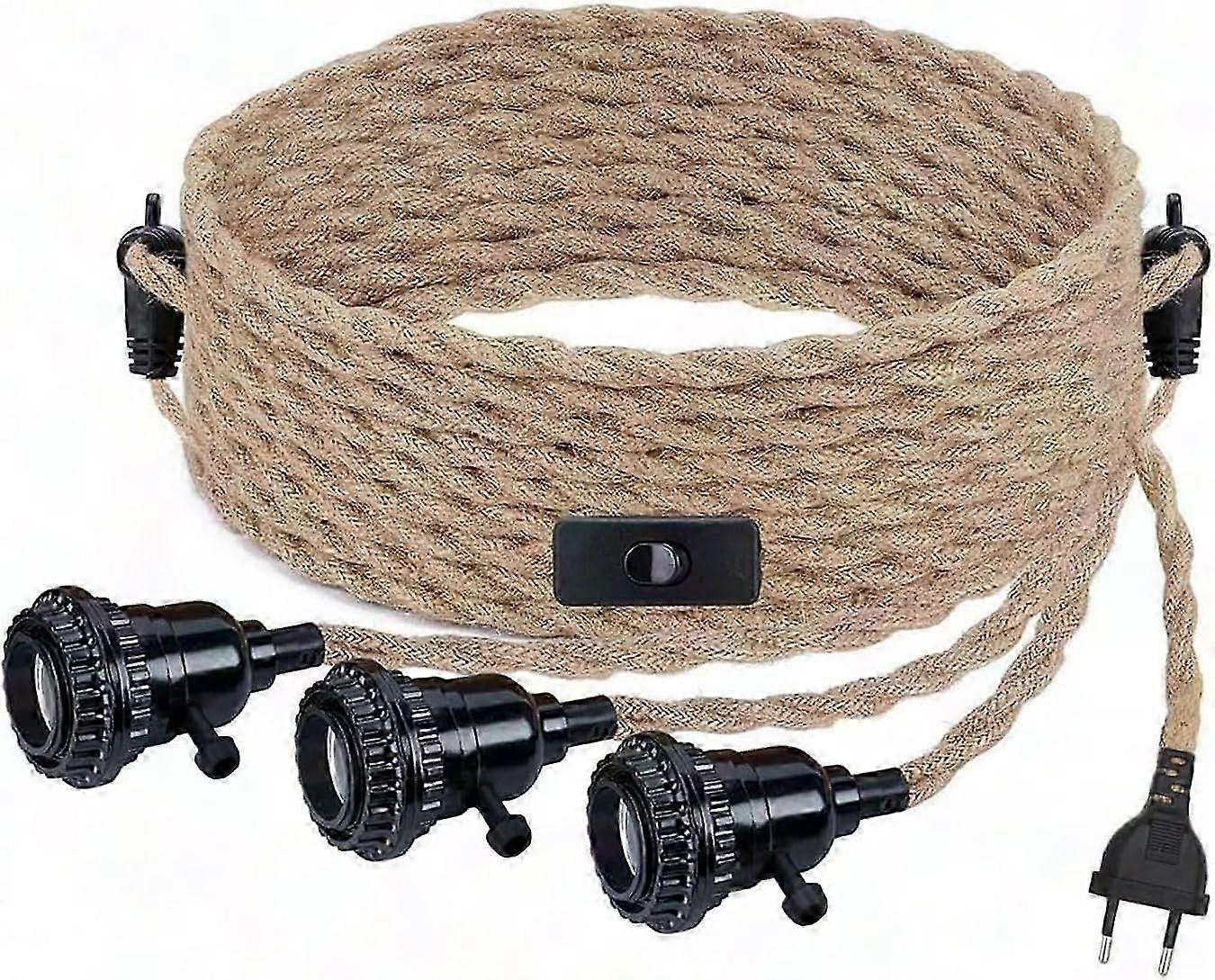 Vintage Hemp Rope Chandelier Kit with Switch & EU Plug - DIY 3-Light Pendant Lamp with E27 Socket & Textile Cable