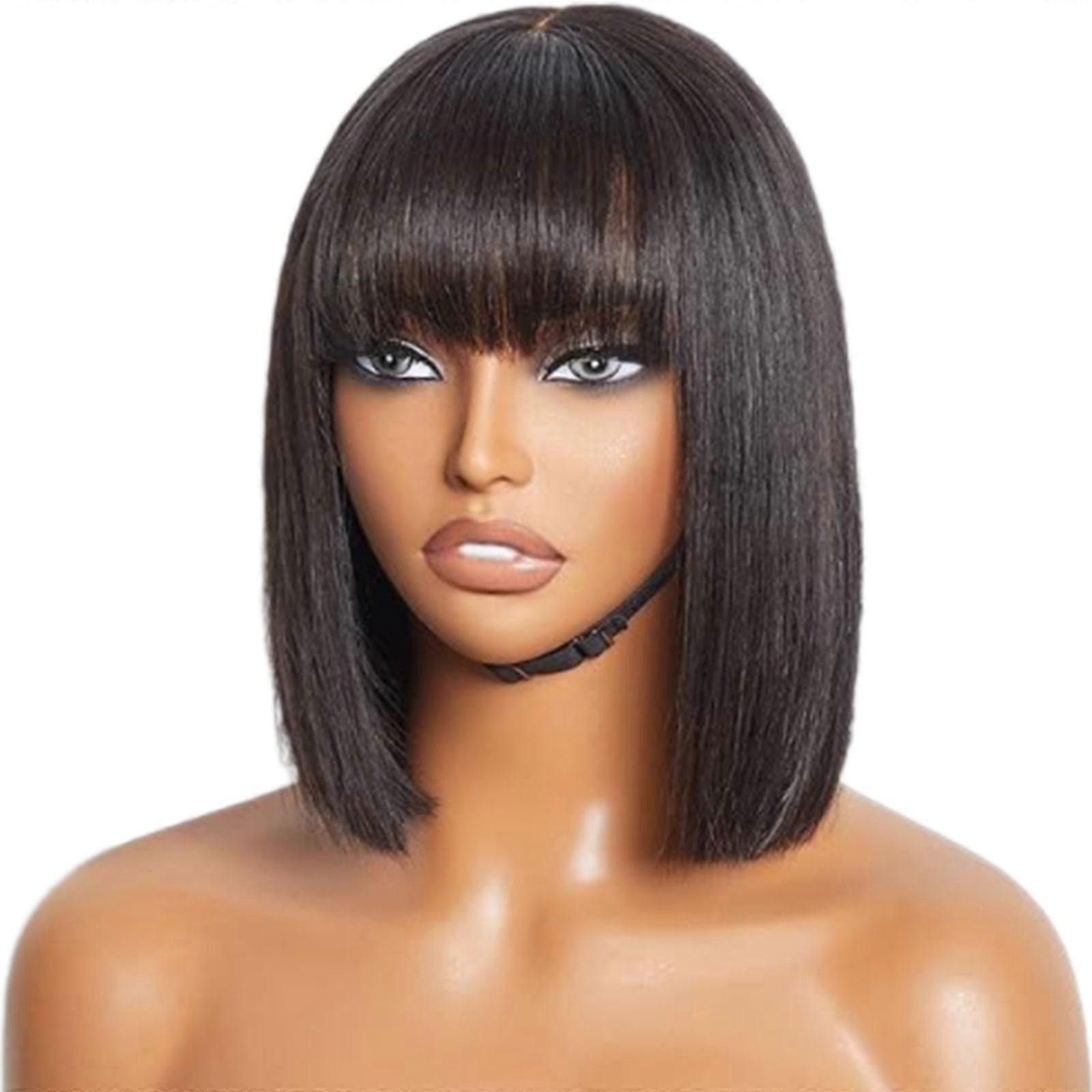 Heat Friendly Synthetic Bob Wigs Bangs And Elastic Adjustable Design For Daily Comfort  Dark brown 16 inches