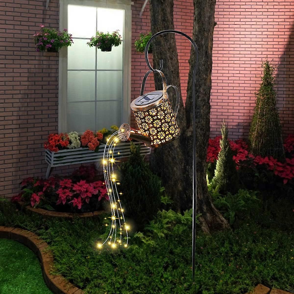 Solar Watering Can Light - LED Waterproof Garden Fairy Lights, Retro Metal Outdoor Hanging String Lights with Bracket for Pathway, Patio, Yard