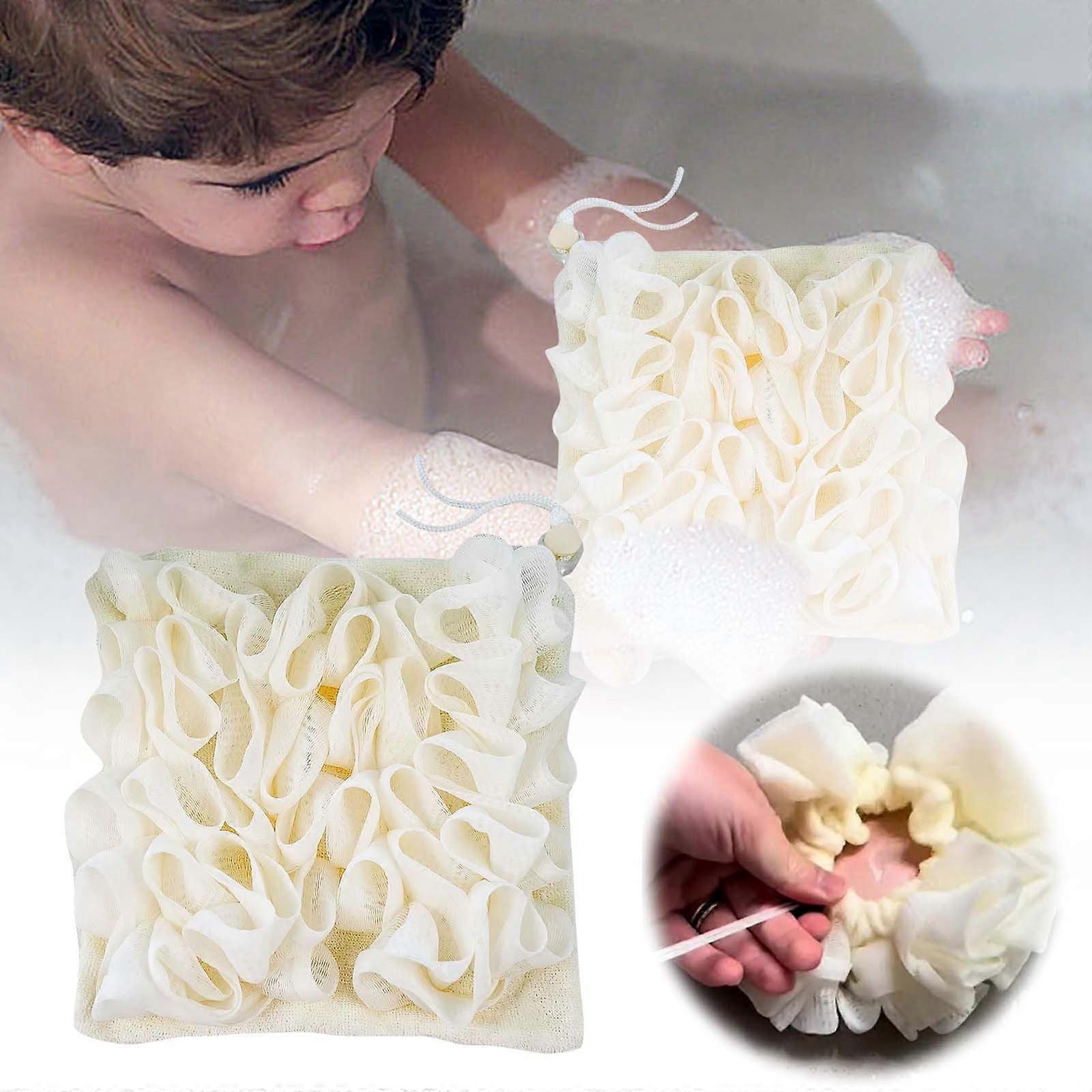 Shower Loofah With Drawstring Soap Holder & Maker Soft Scrubbing Sponge For Rich & Back Scrubbing