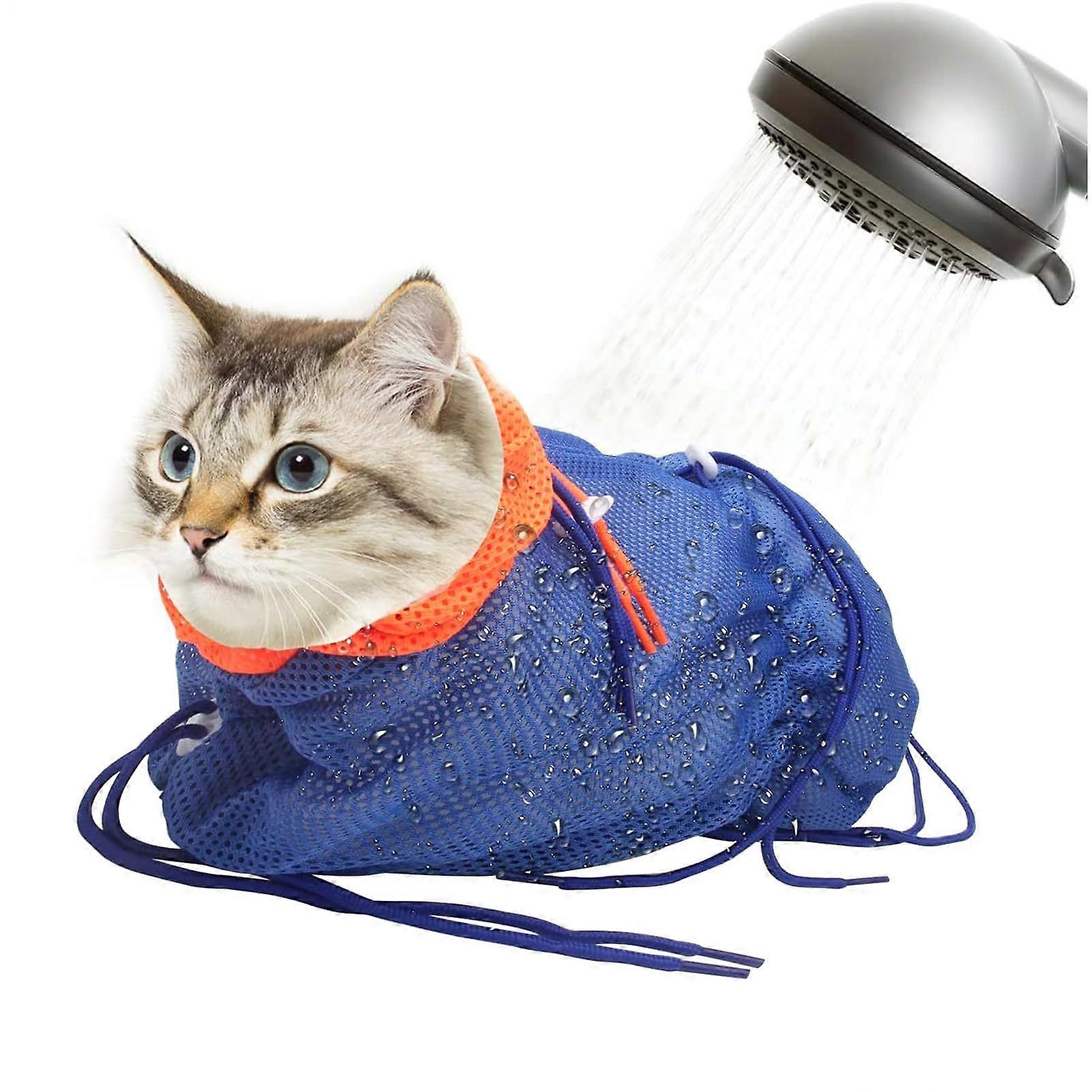 Breathable Mesh Shower Bag Cat Grooming and Bathing for Nail Trimming Adjustable AntiScratch Polyester Mesh BlueOrange