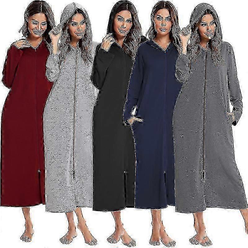 Mulheres longo manto com capuz roupão de banho zíper up Duster comprimento total sólido