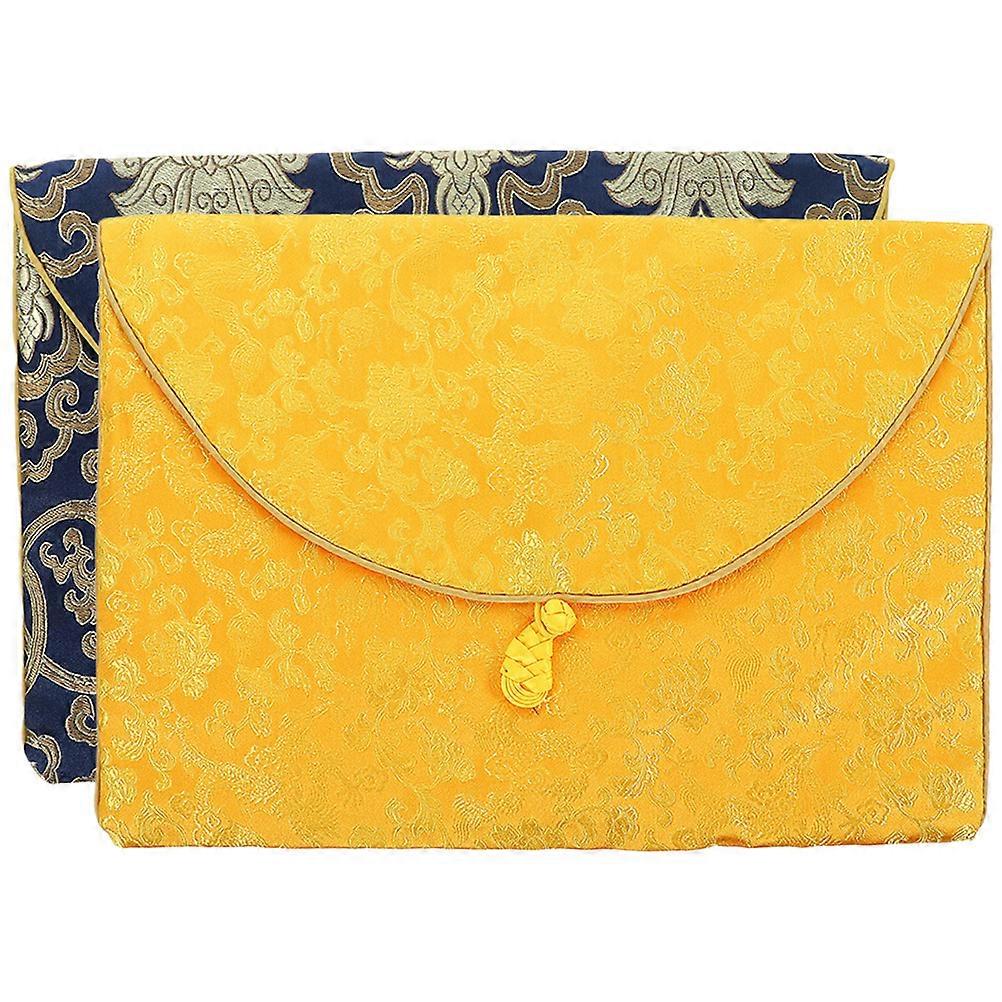 Chinese Style Drawstring Pouch Blue Brocade For Sundries Portability Rectangular 2Pcs