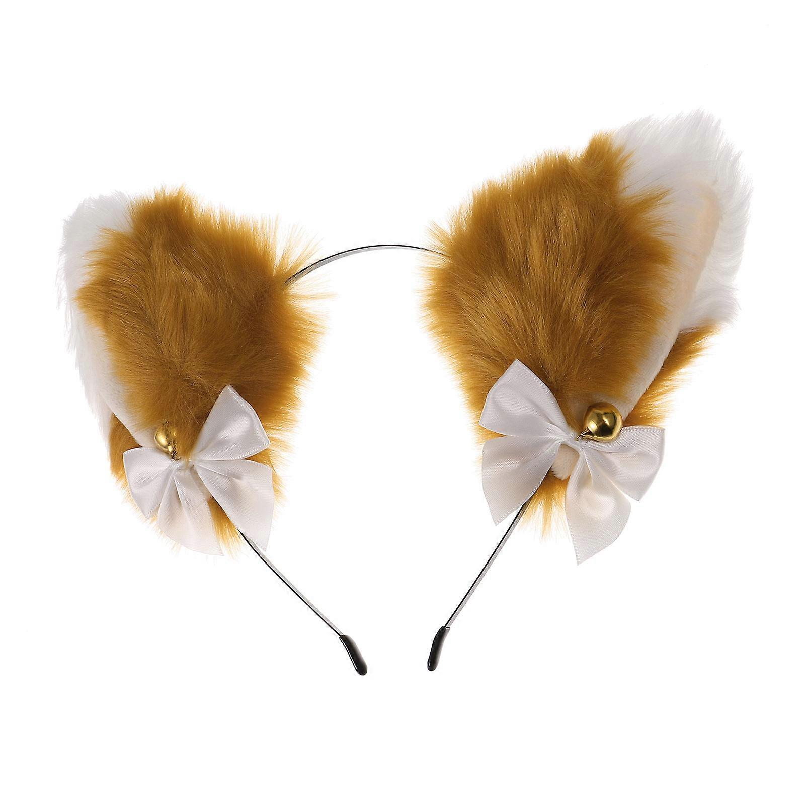 Fluffy Cat Ear Headband for Cosplay with Bell Ribbon Bow 2Pcs Set