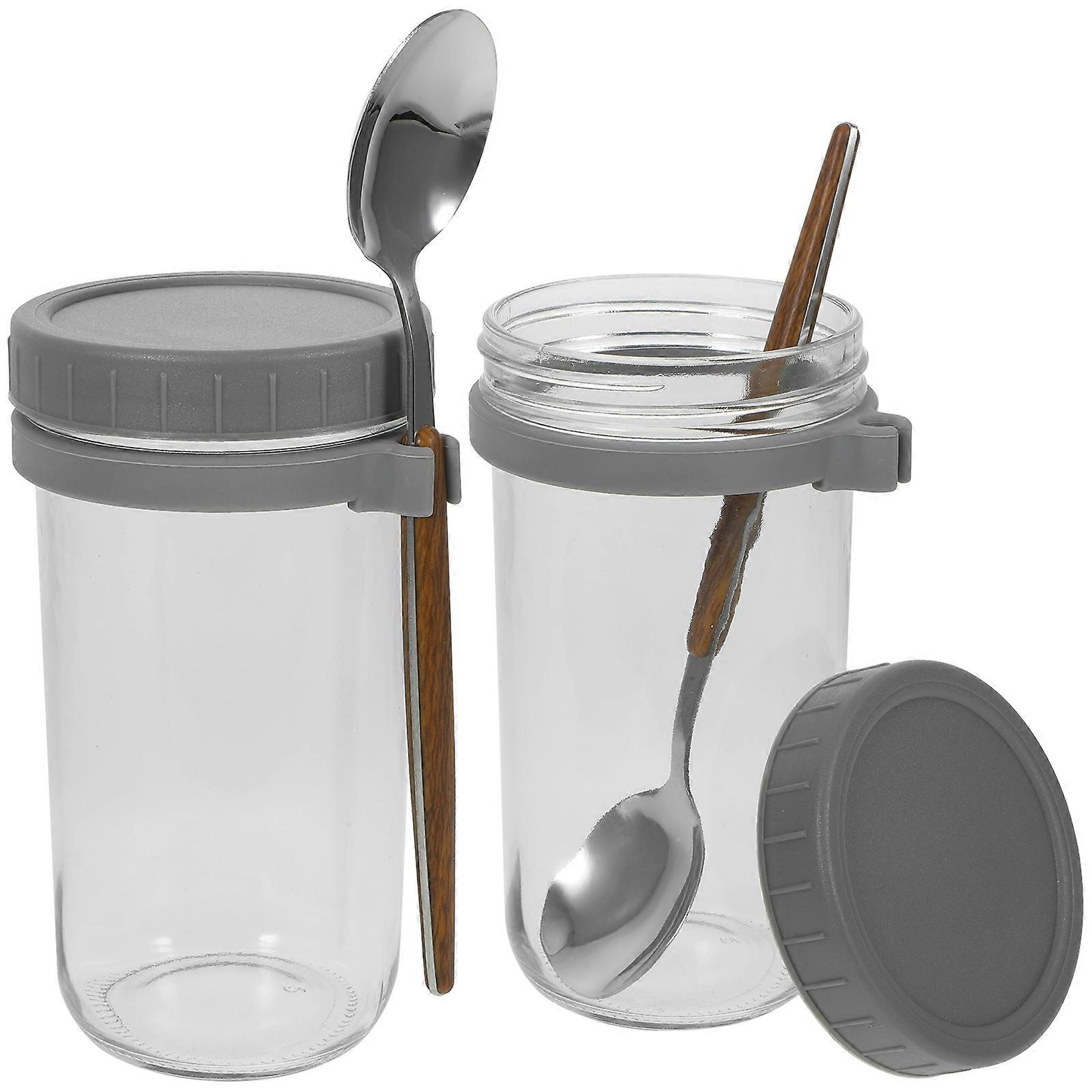 Overnight Oats Container Jars 2Pcs Portable Yogurt Oatmeal Cups For Students Grey Food Storage Easy To Use